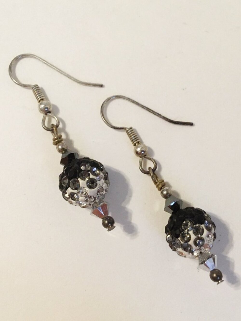 Rhinestone Ball Earrings Vintage White Black Drop Silver Tone Metal Pierced Hook